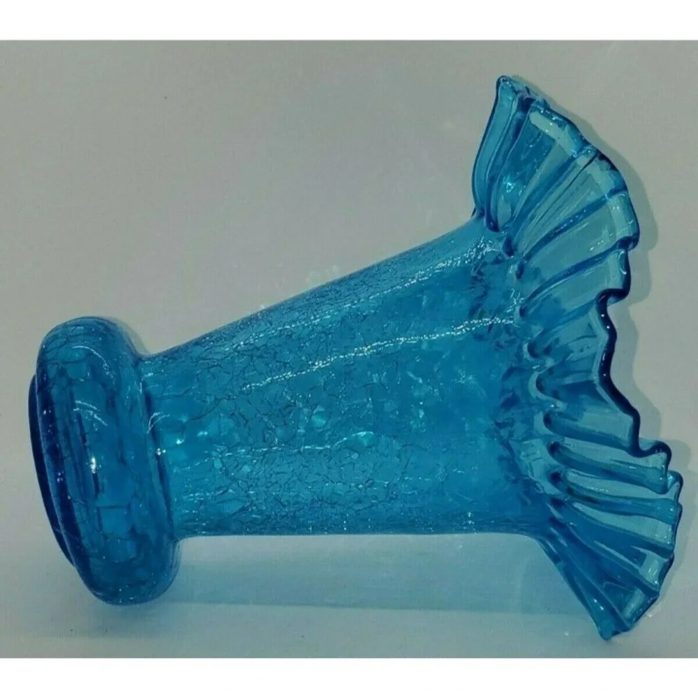 Vintage 1940's Beacon Glass Azure Blue Hand Blown Ruffle Crackle Vase  MCM  1of2